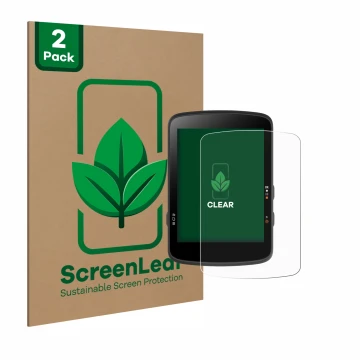 Parte frontal de un envase de producto con el logotipo de la marca ScreenLeaf. Al lado se muestra el dispositivo Bryton Rider 