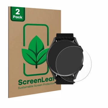 Parte frontal de un envase de producto con el logotipo de la marca ScreenLeaf. Al lado se muestra el dispositivo Garmin Approa