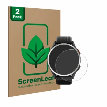 Parte frontal de un envase de producto con el logotipo de la marca ScreenLeaf. Al lado se muestra el dispositivo Garmin Approa