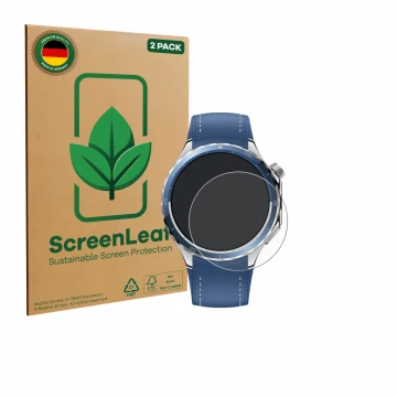 Parte frontal de un envase de producto con el logotipo de la marca ScreenLeaf. Al lado se muestra el dispositivo Oppo Watch X2