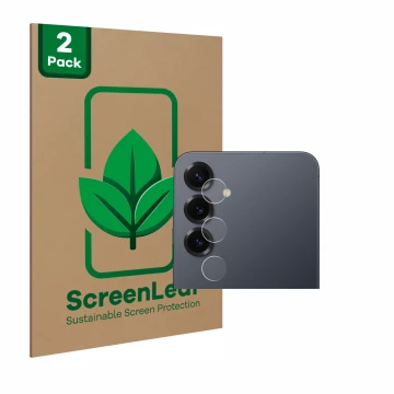 Parte frontal de un envase de producto con el logotipo de la marca ScreenLeaf. Al lado se muestra el dispositivo Samsung Galax
