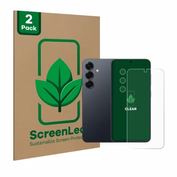 Parte frontal de un envase de producto con el logotipo de la marca ScreenLeaf. Al lado se muestra el dispositivo Samsung Galax