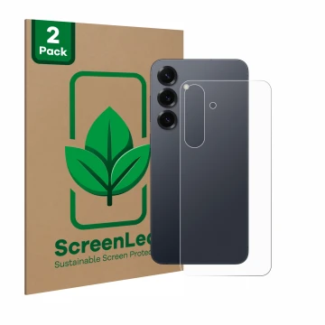 Parte frontal de un envase de producto con el logotipo de la marca ScreenLeaf. Al lado se muestra el dispositivo Samsung Galax