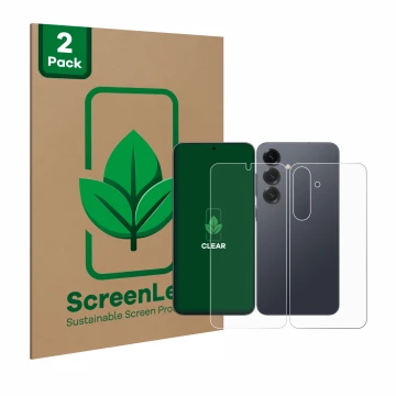 Parte frontal de un envase de producto con el logotipo de la marca ScreenLeaf. Al lado se muestra el dispositivo Samsung Galax