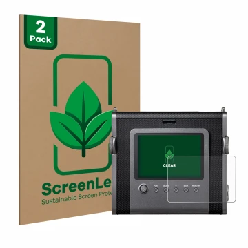 Parte frontal de un envase de producto con el logotipo de la marca ScreenLeaf. Al lado se muestra el dispositivo Fujifilm Inst