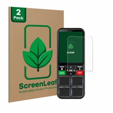 Parte frontal de un envase de producto con el logotipo de la marca ScreenLeaf. Al lado se muestra el dispositivo Geemarc CL800