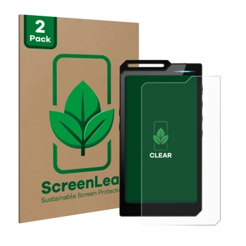 Parte frontal de un envase de producto con el logotipo de la marca ScreenLeaf. Al lado se muestra el dispositivo Hiby R4 con s