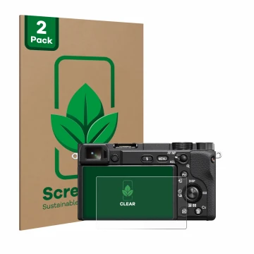 Parte frontal de un envase de producto con el logotipo de la marca ScreenLeaf. Al lado se muestra el dispositivo Sony Alpha 61