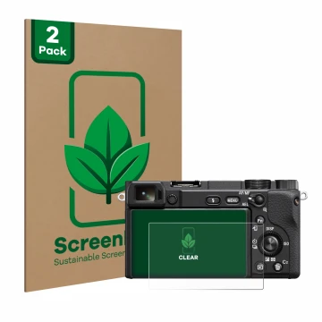 Parte frontal de un envase de producto con el logotipo de la marca ScreenLeaf. Al lado se muestra el dispositivo Sony Alpha 64
