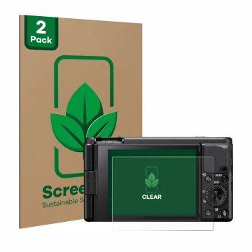 Parte frontal de un envase de producto con el logotipo de la marca ScreenLeaf. Al lado se muestra el dispositivo Sony ZV-1A co