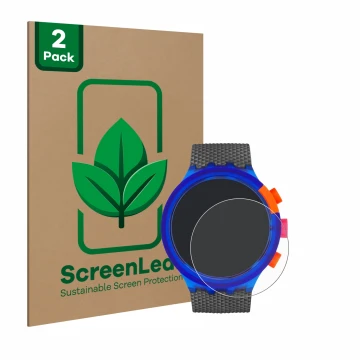 Parte frontal de un envase de producto con el logotipo de la marca ScreenLeaf. Al lado se muestra el dispositivo Swatch Neon P