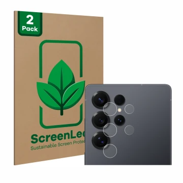 Parte frontal de un envase de producto con el logotipo de la marca ScreenLeaf. Al lado se muestra el dispositivo Samsung Galax