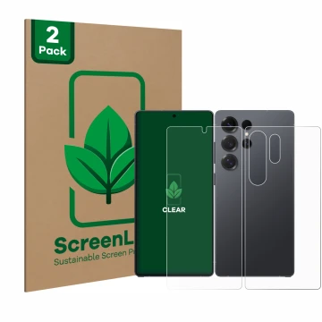 Parte frontal de un envase de producto con el logotipo de la marca ScreenLeaf. Al lado se muestra el dispositivo Samsung Galax