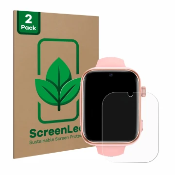 Parte frontal de un envase de producto con el logotipo de la marca ScreenLeaf. Al lado se muestra el dispositivo Banlvs Kids S