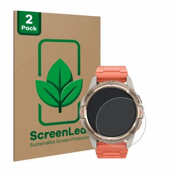 Parte frontal de un envase de producto con el logotipo de la marca ScreenLeaf. Al lado se muestra el dispositivo Xiaomi Mibro 