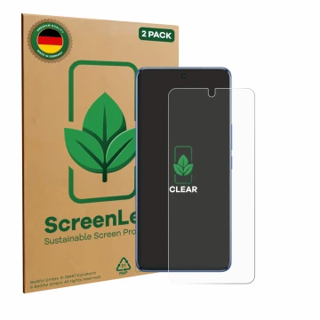 Parte frontal de un envase de producto con el logotipo de la marca ScreenLeaf. Al lado se muestra el dispositivo Vivo V50 con 