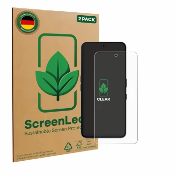 Parte frontal de un envase de producto con el logotipo de la marca ScreenLeaf. Al lado se muestra el dispositivo Nothing Phone