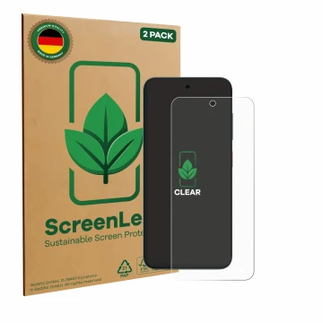 Parte frontal de un envase de producto con el logotipo de la marca ScreenLeaf. Al lado se muestra el dispositivo ZTE Blade V70