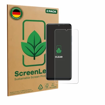 Parte frontal de un envase de producto con el logotipo de la marca ScreenLeaf. Al lado se muestra el dispositivo ZTE Blade V70