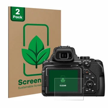 Parte frontal de un envase de producto con el logotipo de la marca ScreenLeaf. Al lado se muestra el dispositivo Nikon Coolpix
