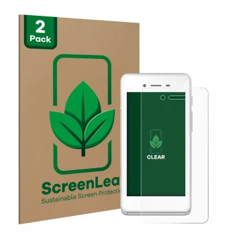Parte frontal de un envase de producto con el logotipo de la marca ScreenLeaf. Al lado se muestra el dispositivo Pax A50 walle