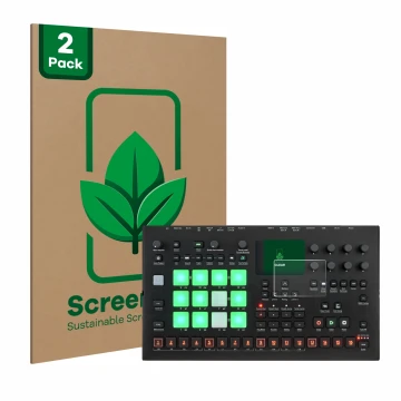 Parte frontal de un envase de producto con el logotipo de la marca ScreenLeaf. Al lado se muestra el dispositivo Elektron Anal