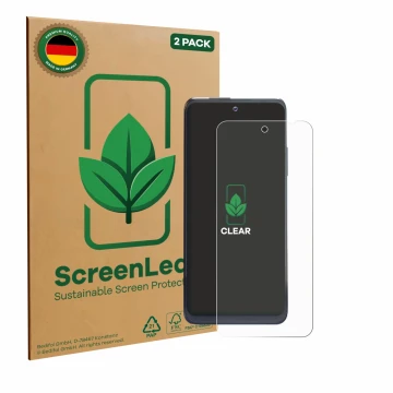 Parte frontal de un envase de producto con el logotipo de la marca ScreenLeaf. Al lado se muestra el dispositivo Thuraya One c