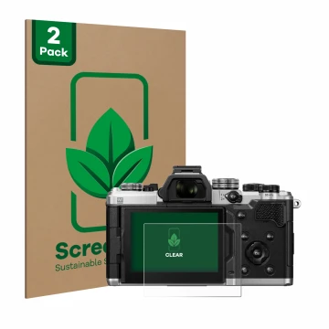 Parte frontal de un envase de producto con el logotipo de la marca ScreenLeaf. Al lado se muestra el dispositivo OM System OM-