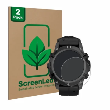 Parte frontal de un envase de producto con el logotipo de la marca ScreenLeaf. Al lado se muestra el dispositivo Garmin Descen