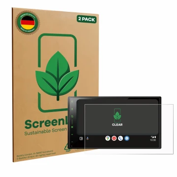 Parte frontal de un envase de producto con el logotipo de la marca ScreenLeaf. Al lado se muestra el dispositivo Pioneer SPH-D