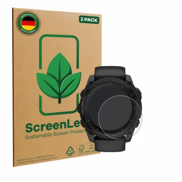 Parte frontal de un envase de producto con el logotipo de la marca ScreenLeaf. Al lado se muestra el dispositivo Garmin Tactix