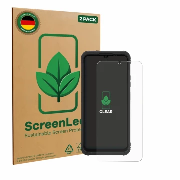Parte frontal de un envase de producto con el logotipo de la marca ScreenLeaf. Al lado se muestra el dispositivo AGM H Max con