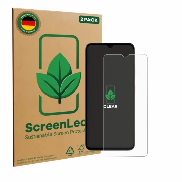 Parte frontal de un envase de producto con el logotipo de la marca ScreenLeaf. Al lado se muestra el dispositivo ZTE Blade A35