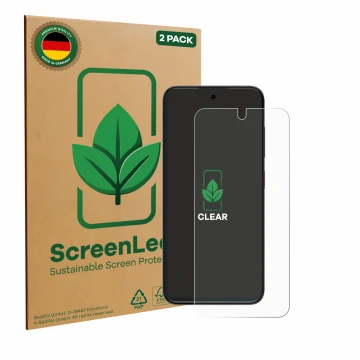 Parte frontal de un envase de producto con el logotipo de la marca ScreenLeaf. Al lado se muestra el dispositivo ZTE Blade V70
