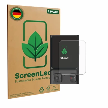 Parte frontal de un envase de producto con el logotipo de la marca ScreenLeaf. Al lado se muestra el dispositivo Hoverair Beac