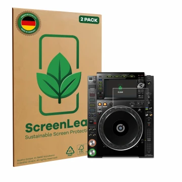 Parte frontal de un envase de producto con el logotipo de la marca ScreenLeaf. Al lado se muestra el dispositivo Pioneer CDJ-2