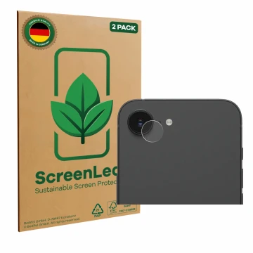 Parte frontal de un envase de producto con el logotipo de la marca ScreenLeaf. Al lado se muestra el dispositivo Apple iPhone 
