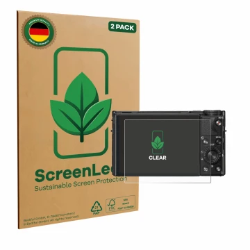 Parte frontal de un envase de producto con el logotipo de la marca ScreenLeaf. Al lado se muestra el dispositivo Sony Cyber-Sh