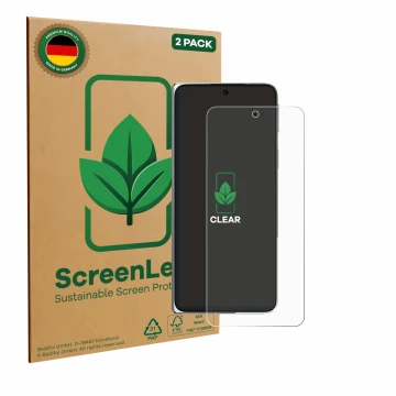 Parte frontal de un envase de producto con el logotipo de la marca ScreenLeaf. Al lado se muestra el dispositivo Oppo Find N5 