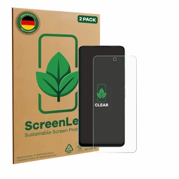 Parte frontal de un envase de producto con el logotipo de la marca ScreenLeaf. Al lado se muestra el dispositivo Umidigi Note 