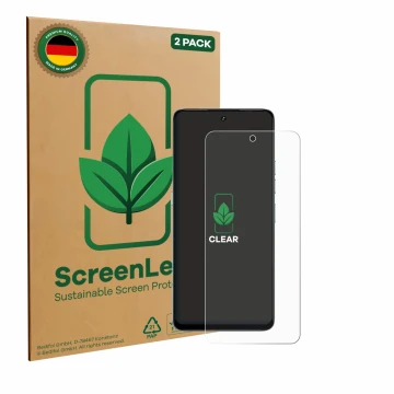 Parte frontal de un envase de producto con el logotipo de la marca ScreenLeaf. Al lado se muestra el dispositivo Umidigi Note 