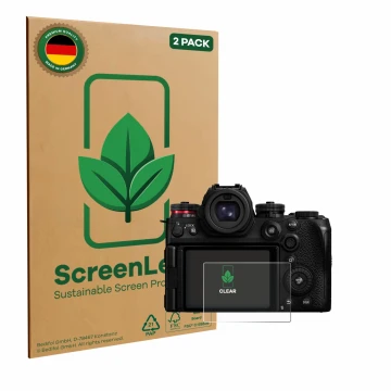 Parte frontal de un envase de producto con el logotipo de la marca ScreenLeaf. Al lado se muestra el dispositivo Panasonic Lum