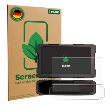 Parte frontal de un envase de producto con el logotipo de la marca ScreenLeaf. Al lado se muestra el dispositivo Honda NT 1100