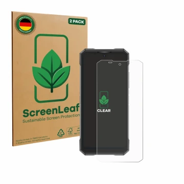 Parte frontal de un envase de producto con el logotipo de la marca ScreenLeaf. Al lado se muestra el dispositivo Doogee S200X 