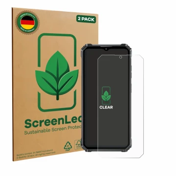 Parte frontal de un envase de producto con el logotipo de la marca ScreenLeaf. Al lado se muestra el dispositivo Oukitel G1 co