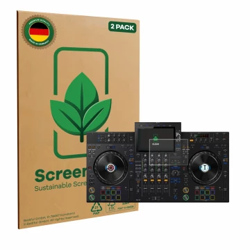 Parte frontal de un envase de producto con el logotipo de la marca ScreenLeaf. Al lado se muestra el dispositivo Pioneer XDJ-A
