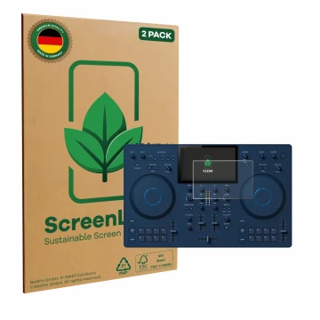 Parte frontal de un envase de producto con el logotipo de la marca ScreenLeaf. Al lado se muestra el dispositivo Pioneer OMNIS