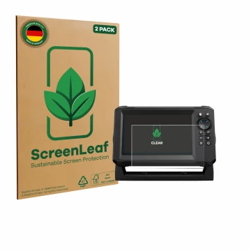 Parte frontal de un envase de producto con el logotipo de la marca ScreenLeaf. Al lado se muestra el dispositivo Lowrance Eagl