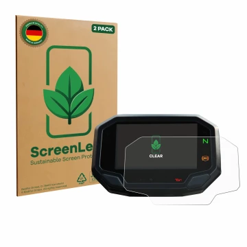 Parte frontal de un envase de producto con el logotipo de la marca ScreenLeaf. Al lado se muestra el dispositivo Kawasaki Vers