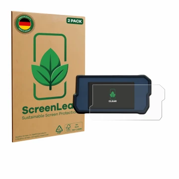 Parte frontal de un envase de producto con el logotipo de la marca ScreenLeaf. Al lado se muestra el dispositivo KTM 390 / 890